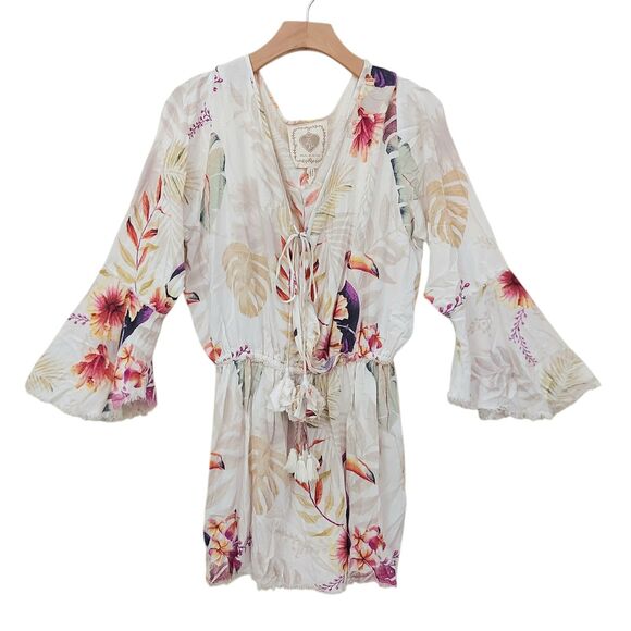 Z&L Europe Mini Dress Womens Medium Beige Floral Flared Sleeve Y2K Beachy Travel - Picture 1 of 12